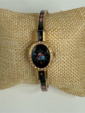 Vintage ITRACO Swiss Quartz Hidden Dial Floral Enamel Bangle Watch